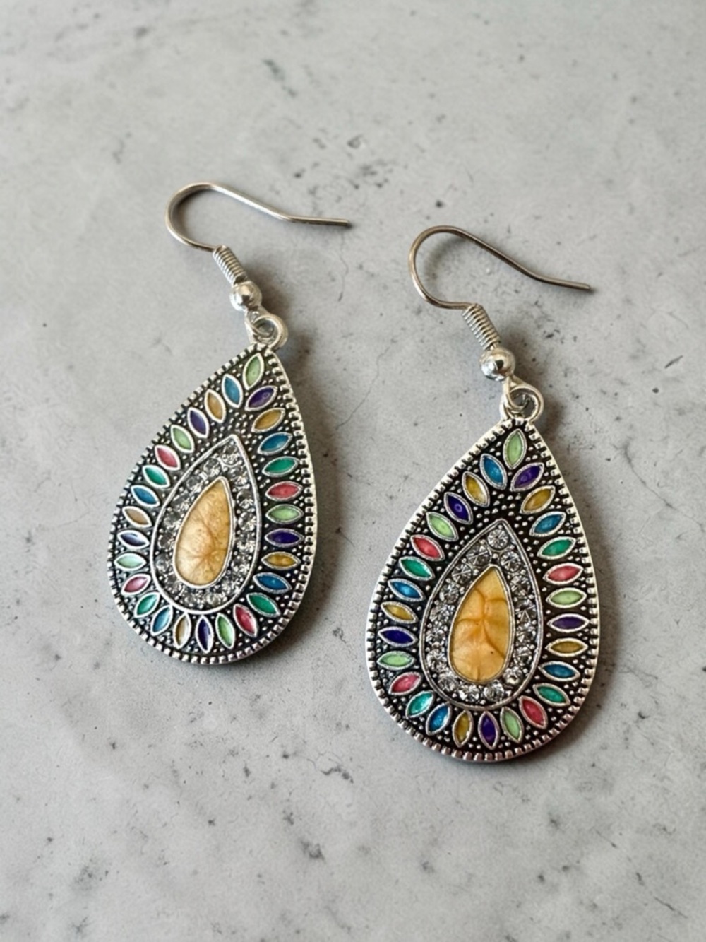 BOHO Silver Earrings Rhinestone Earrings Silver Drop Earrings Teardrop Earrings - Picture 2 of 9
